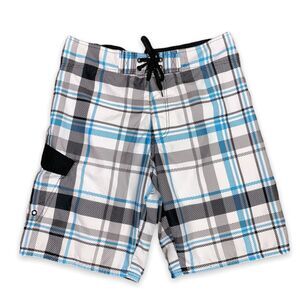 Merona Mens Plaid Board Shorts Swim Trunks Black White Blue Size 32
